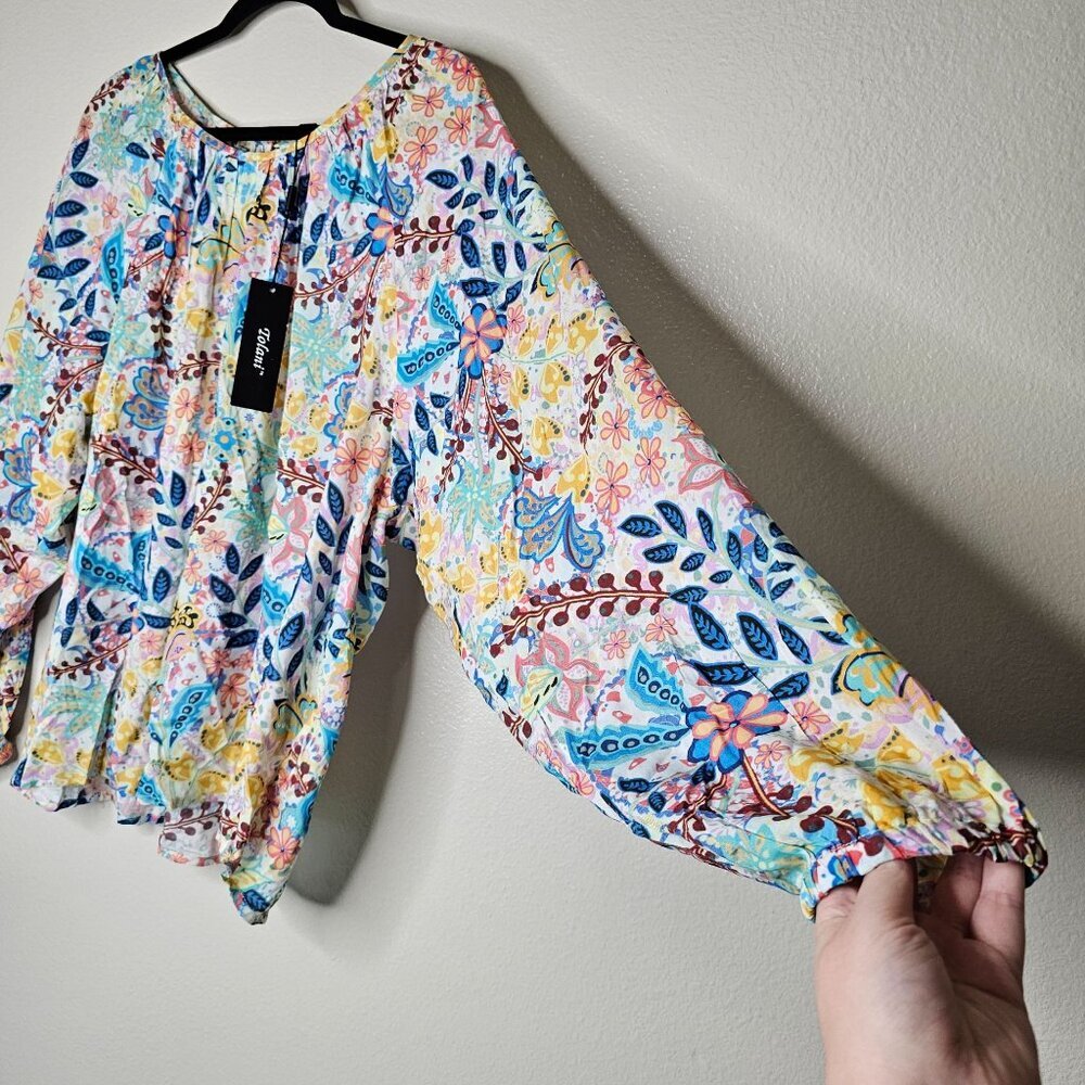 Tolani Collection Size Large Colorful Artsy Floral Long Puff Sleeve Blouse Top - Picture 3 of 8